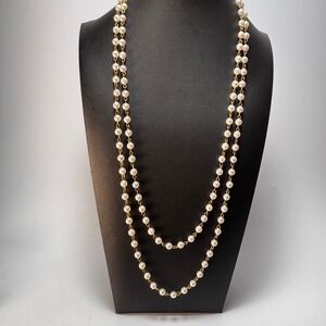 Vintage Necklace Gold Tone Double Strand Faux Pearl Gorgeous Rhinstone Clasp